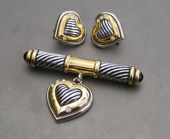 Vintage Two Toned Gold Silver plate Heart Crystal… - image 1