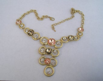 Pretty Newer Goldtone Pink Gray Crystal Stone Rhinestone Statement Drop Necklace