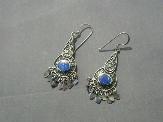 Sterling 925 Ornate Filigree Lapis Lazuli Drop Da… - image 4