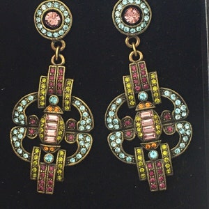 Beautiful Heidi Daus Deco Style Multi Color Crystal Drop Earrings 2 3/4" in Box