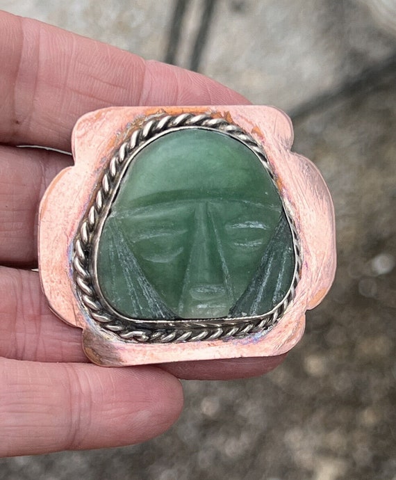 vintage Mexican Copper Silver Carved Green Stone … - image 5