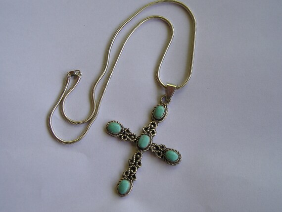 Vintage 3 1/4"  Sterling Mexican Turquoise Cross … - image 10