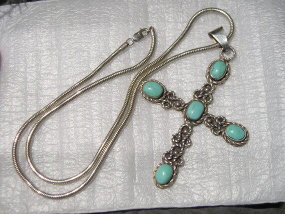 Vintage 3 1/4"  Sterling Mexican Turquoise Cross … - image 4