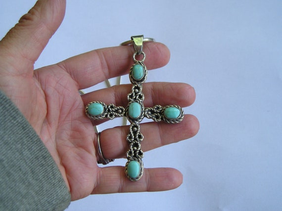 Vintage 3 1/4"  Sterling Mexican Turquoise Cross … - image 5