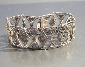 Vintage Silver Wire Work Filigree Wide Link Ornate Bracelet 7"