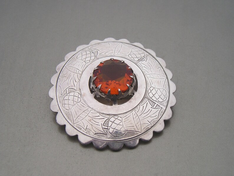 Antique Scottish Celtic Large Citrine Topaz Colored Etched Thistle Silverplated Kilt Pin