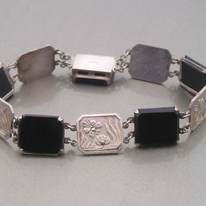 Beautiful Art Deco Sterling Black Onyx Marcasite Flower Link Bracelet