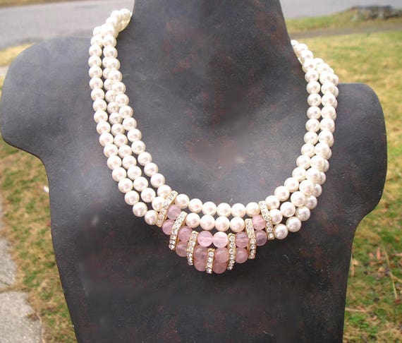 Elegant 3 Strand Faux Pearl Rhinestone & Rose Qua… - image 4