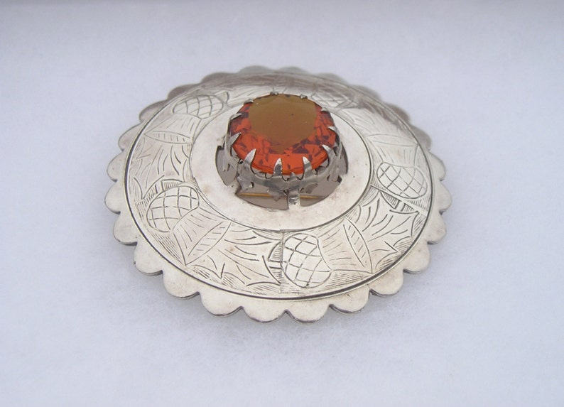 Antique Scottish Celtic Large Citrine Topaz Colored Etched Thistle Silverplated Kilt Pin