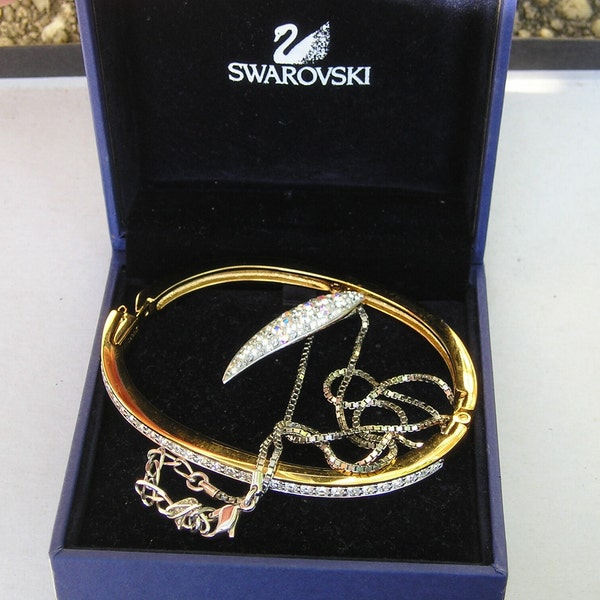 Two Authentic Swarovski Crystal Pendant Necklace & Crystal Bangle Bracelet Lot