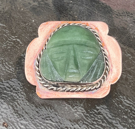 vintage Mexican Copper Silver Carved Green Stone … - image 4