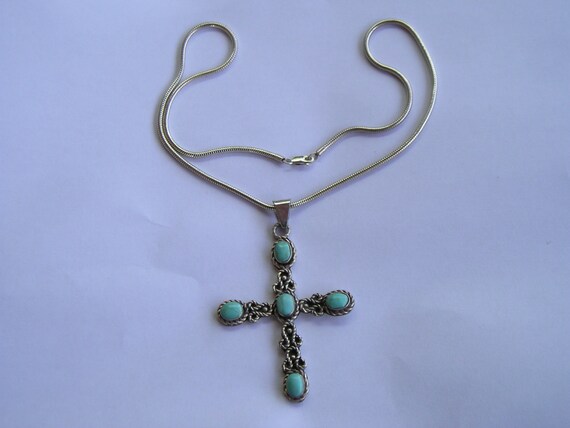 Vintage 3 1/4"  Sterling Mexican Turquoise Cross … - image 7