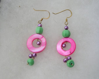 Pretty Shell Purple Pearl Green Stone Drop Earrings