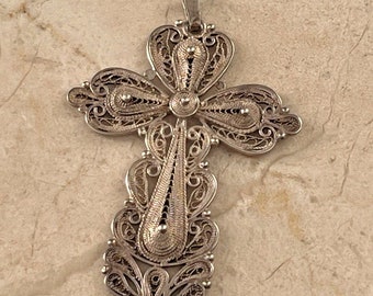 Beautiful Vintage Silver Filigree Wirework Ornate Cross Pendant 2 1/2" Long