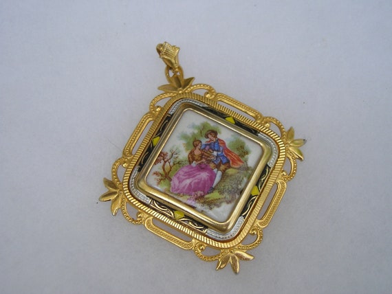 Vintage Large Damascene Enamel Porcelain Cameo Go… - image 3