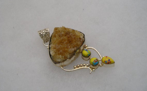 Vintage Sterling Silver Citrine Druzy Drop Pendan… - image 4