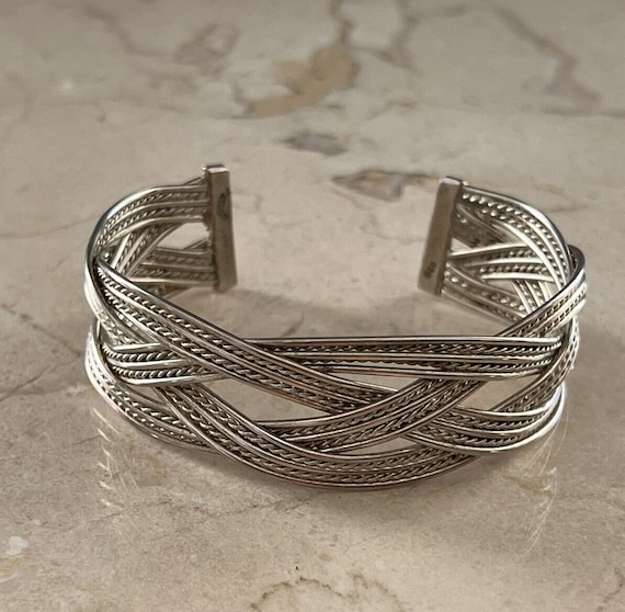 Vintage Sterling 925 Taxco Braided ornate Cuff Br… - image 1