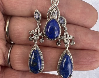 D'Joy Sterling 925 Lapis Lazuli & Gemstone Earrings Pendant Chain Necklace Set