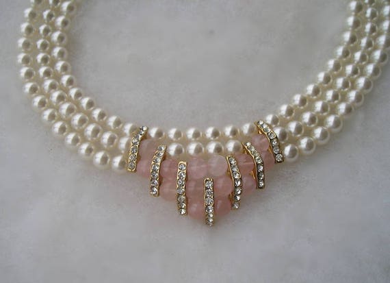 Elegant 3 Strand Faux Pearl Rhinestone & Rose Qua… - image 7