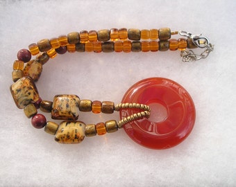 Pretty Chunky Art Glass Carnelian Agate Round Disc Red Jasper Necklace