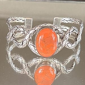 Sterling 925 Braided Rope Design Orange Agate Spiny Oyster Cuff Bracelet