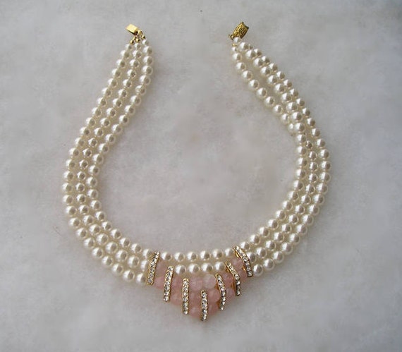 Elegant 3 Strand Faux Pearl Rhinestone & Rose Qua… - image 6