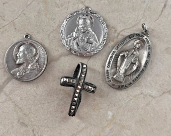 4 Vintage Sterling 925 Religious Jesus Mary Cross Medals Pendants Theda Lot