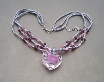 Pretty Pink Crystal Heart & Multi Strand Bead Necklace