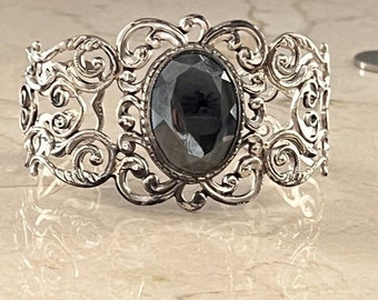 Beautiful Vintage Danecraft Hematite Sterling 925 Ornate Cuff Wide Bracelet