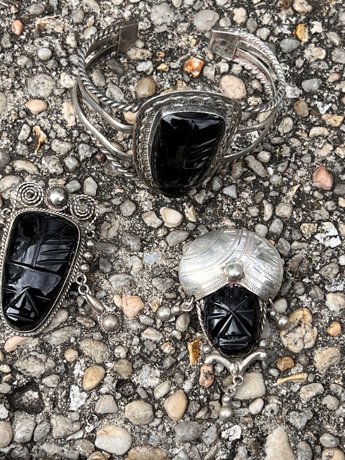 Vintage Mexican Silver Black Onyx Tribal Face Cuff Bracelet