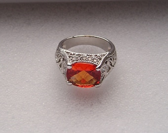 Lovely Rhodium Plate over Sterling 925 Orange Stone & Cubic Zirconia CZ Ring Size 8