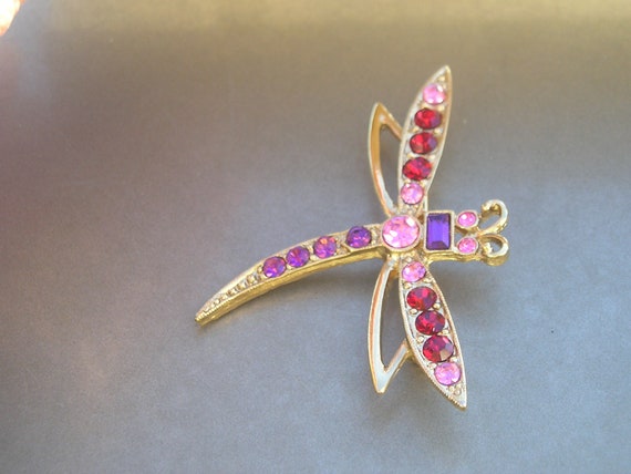 cute Vintage Pink Red Purple Rhinestone Dragonfly… - image 2