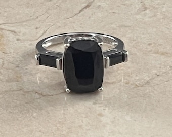 Platinum Plate over Sterling 925 Black Spinel Gemstone Ring Size 10