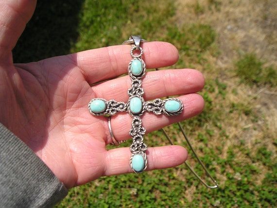 Vintage 3 1/4"  Sterling Mexican Turquoise Cross … - image 9