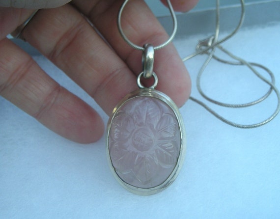 Vintage Sterling 925 Carved Pink Rose Quartz Flow… - image 6