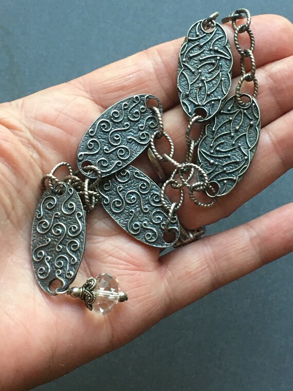 Ornate Scroll Silver tone  Panel Link Crystal Dro… - image 3