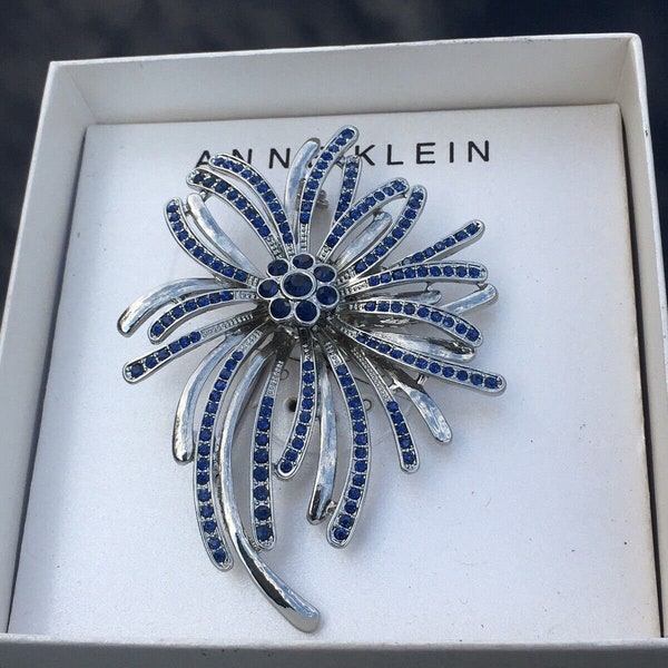 Lovely Anne Klein Blue Rhinestone Crystal Flower Spray Pin Brooch