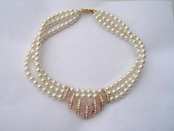 Elegant 3 Strand Faux Pearl Rhinestone & Rose Qua… - image 1