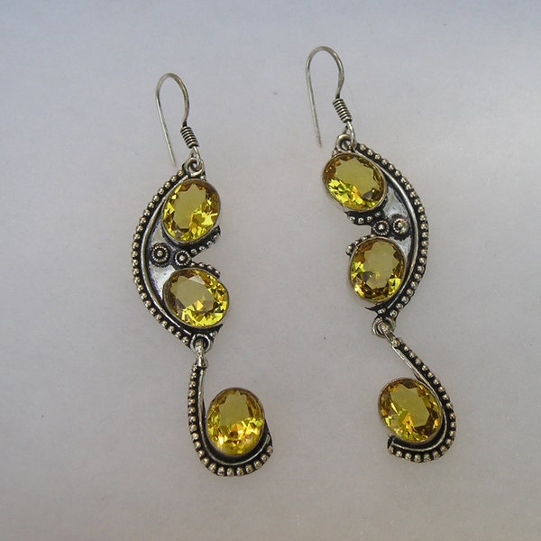 REDUCED Long 3" Length Sterling 925 & Yellow Citrine Gemstone Drop Dangle Earrings