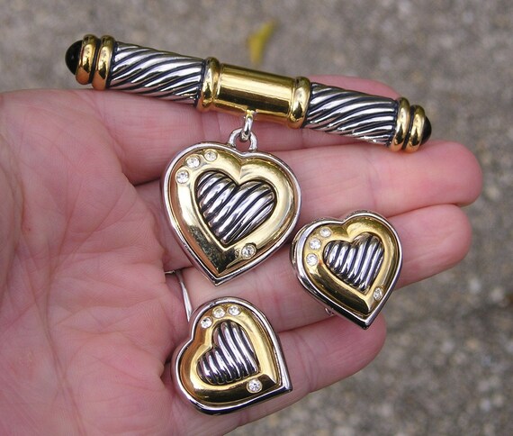 Vintage Two Toned Gold Silver plate Heart Crystal… - image 2