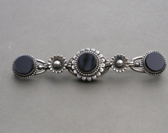 Vintage 3 1/4" Ornate Silver Plate & Black Glass Stone  Flower Bar Pin