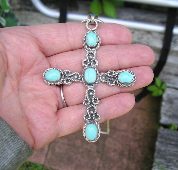 Vintage 3 1/4"  Sterling Mexican Turquoise Cross … - image 2