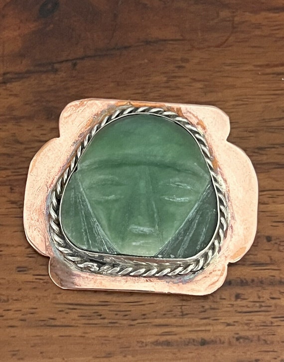 vintage Mexican Copper Silver Carved Green Stone … - image 6