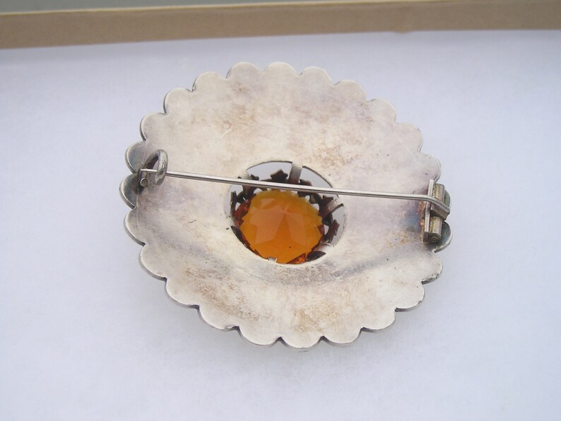 Antique Scottish Celtic Large Citrine Topaz Colored Etched Thistle Silverplated Kilt Pin
