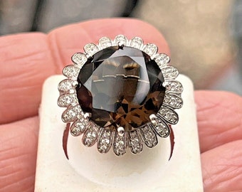 Brazilian Smokey Quartz & White Zircon Platinum over Sterling 925 Cocktail Ring