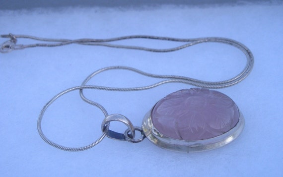 Vintage Sterling 925 Carved Pink Rose Quartz Flow… - image 4