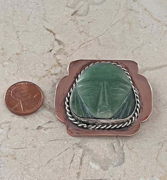 vintage Mexican Copper Silver Carved Green Stone … - image 1