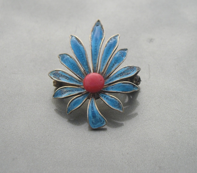 Beautiful 900 Silver Filigree Blue Enamel /& Coral Flower PIn Brooch