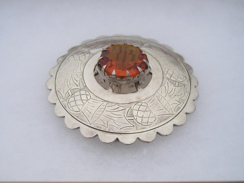Antique Scottish Celtic Large Citrine Topaz Colored Etched Thistle Silverplated Kilt Pin