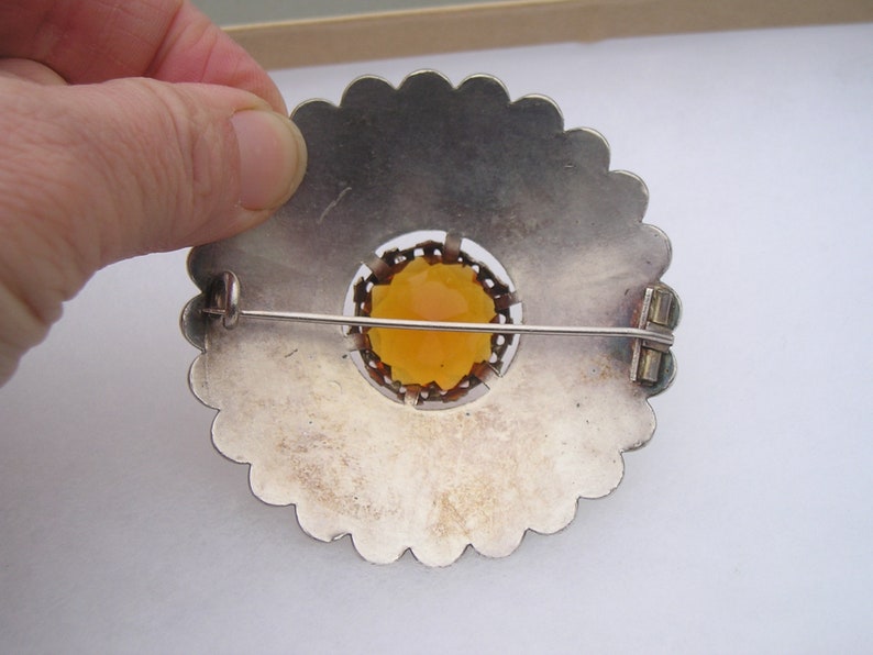Antique Scottish Celtic Large Citrine Topaz Colored Etched Thistle Silverplated Kilt Pin